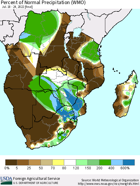 Southern Africa Percent of Normal Precipitation (WMO) Thematic Map For 7/18/2022 - 7/24/2022