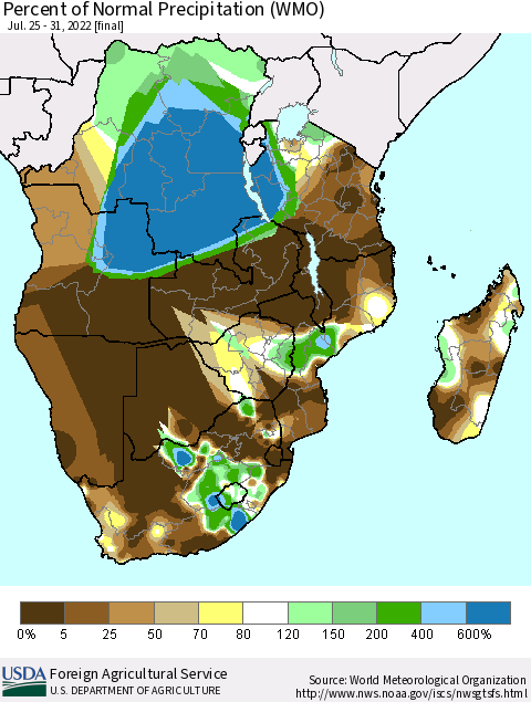 Southern Africa Percent of Normal Precipitation (WMO) Thematic Map For 7/25/2022 - 7/31/2022