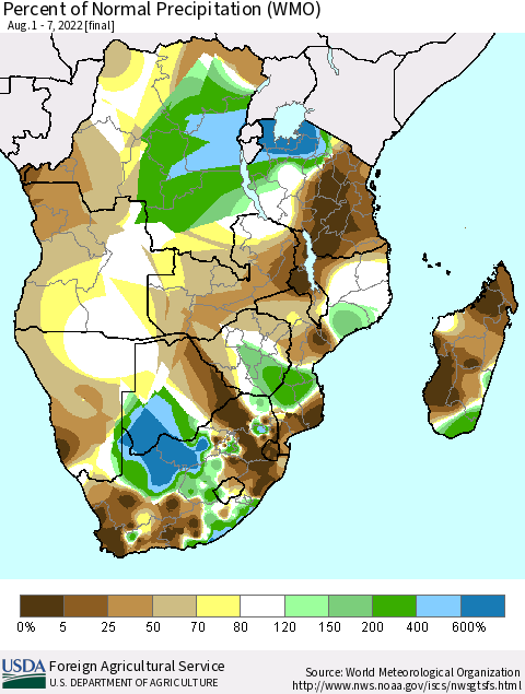 Southern Africa Percent of Normal Precipitation (WMO) Thematic Map For 8/1/2022 - 8/7/2022