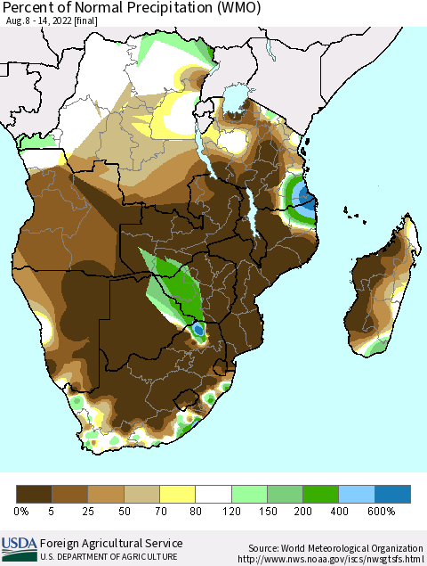 Southern Africa Percent of Normal Precipitation (WMO) Thematic Map For 8/8/2022 - 8/14/2022