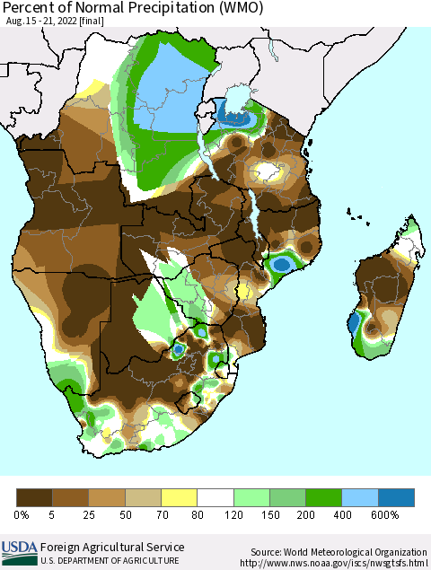 Southern Africa Percent of Normal Precipitation (WMO) Thematic Map For 8/15/2022 - 8/21/2022