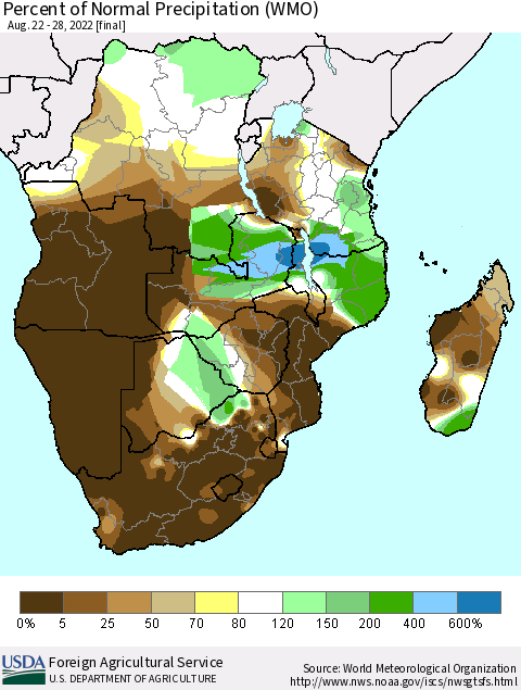 Southern Africa Percent of Normal Precipitation (WMO) Thematic Map For 8/22/2022 - 8/28/2022