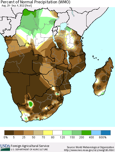 Southern Africa Percent of Normal Precipitation (WMO) Thematic Map For 8/29/2022 - 9/4/2022