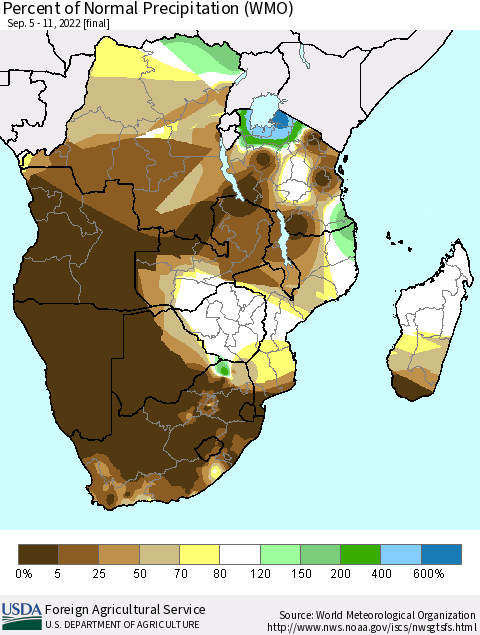 Southern Africa Percent of Normal Precipitation (WMO) Thematic Map For 9/5/2022 - 9/11/2022