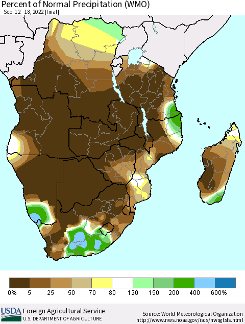 Southern Africa Percent of Normal Precipitation (WMO) Thematic Map For 9/12/2022 - 9/18/2022
