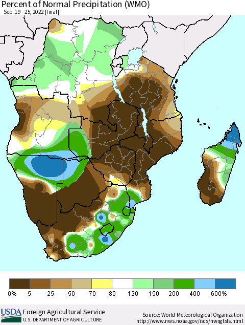Southern Africa Percent of Normal Precipitation (WMO) Thematic Map For 9/19/2022 - 9/25/2022