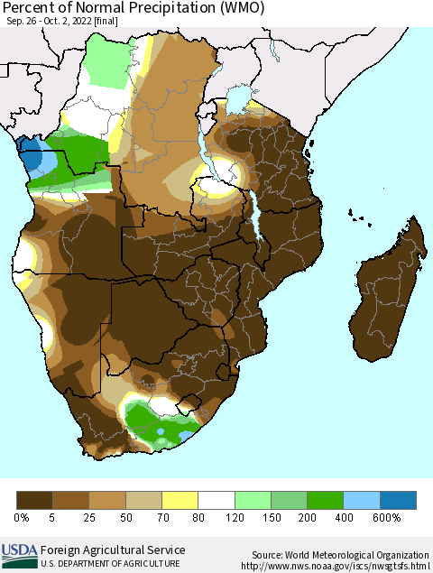 Southern Africa Percent of Normal Precipitation (WMO) Thematic Map For 9/26/2022 - 10/2/2022