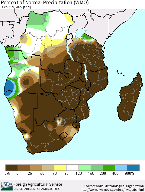 Southern Africa Percent of Normal Precipitation (WMO) Thematic Map For 10/3/2022 - 10/9/2022