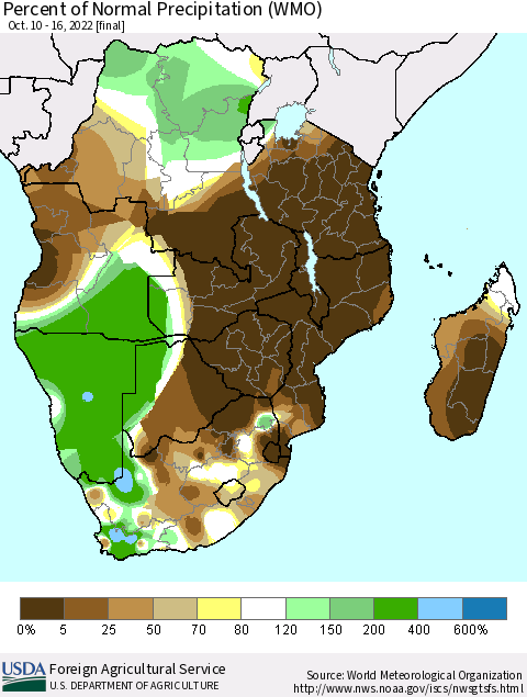 Southern Africa Percent of Normal Precipitation (WMO) Thematic Map For 10/10/2022 - 10/16/2022