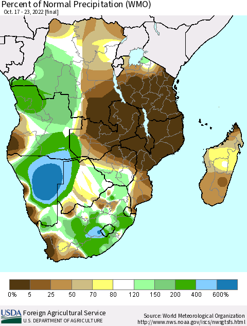 Southern Africa Percent of Normal Precipitation (WMO) Thematic Map For 10/17/2022 - 10/23/2022