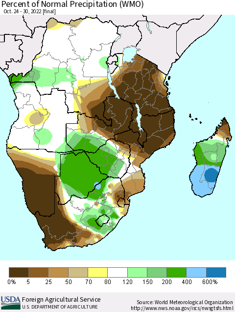 Southern Africa Percent of Normal Precipitation (WMO) Thematic Map For 10/24/2022 - 10/30/2022
