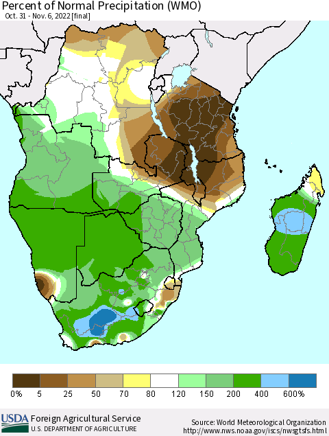 Southern Africa Percent of Normal Precipitation (WMO) Thematic Map For 10/31/2022 - 11/6/2022