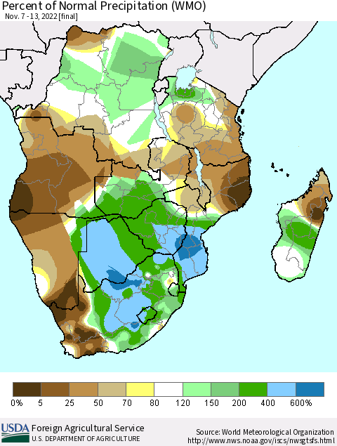 Southern Africa Percent of Normal Precipitation (WMO) Thematic Map For 11/7/2022 - 11/13/2022