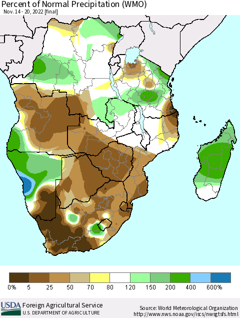 Southern Africa Percent of Normal Precipitation (WMO) Thematic Map For 11/14/2022 - 11/20/2022