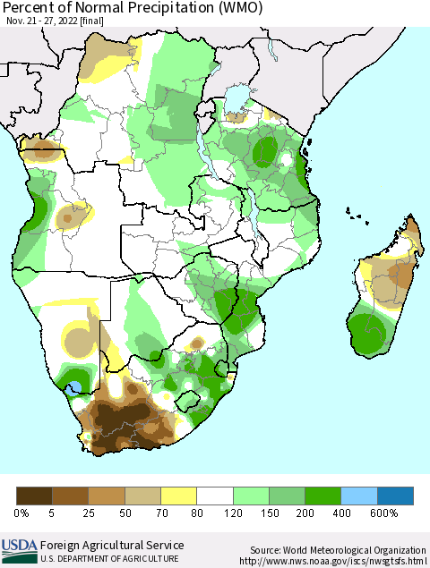 Southern Africa Percent of Normal Precipitation (WMO) Thematic Map For 11/21/2022 - 11/27/2022