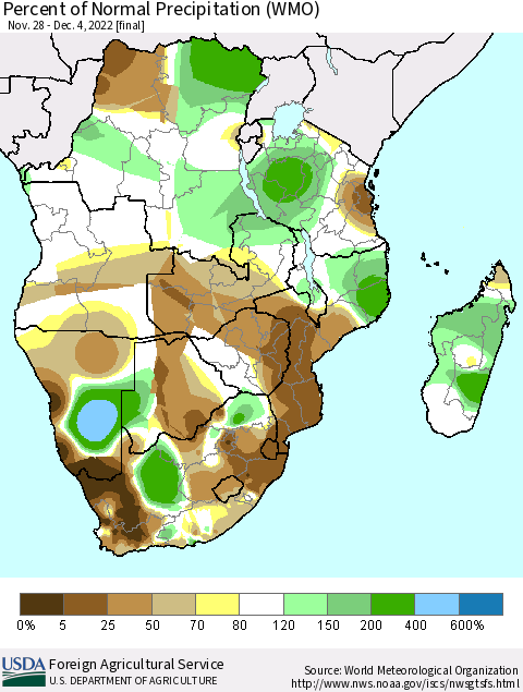 Southern Africa Percent of Normal Precipitation (WMO) Thematic Map For 11/28/2022 - 12/4/2022