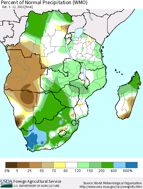 Southern Africa Percent of Normal Precipitation (WMO) Thematic Map For 12/5/2022 - 12/11/2022