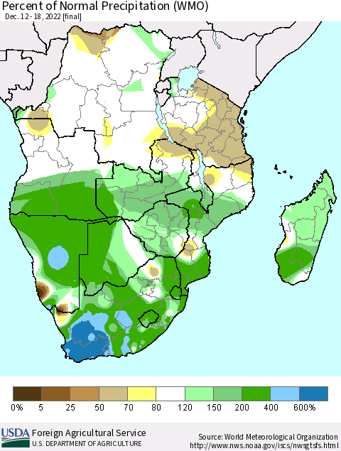Southern Africa Percent of Normal Precipitation (WMO) Thematic Map For 12/12/2022 - 12/18/2022