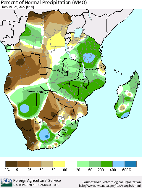 Southern Africa Percent of Normal Precipitation (WMO) Thematic Map For 12/19/2022 - 12/25/2022