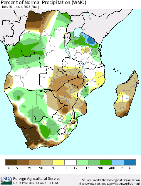 Southern Africa Percent of Normal Precipitation (WMO) Thematic Map For 12/26/2022 - 1/1/2023