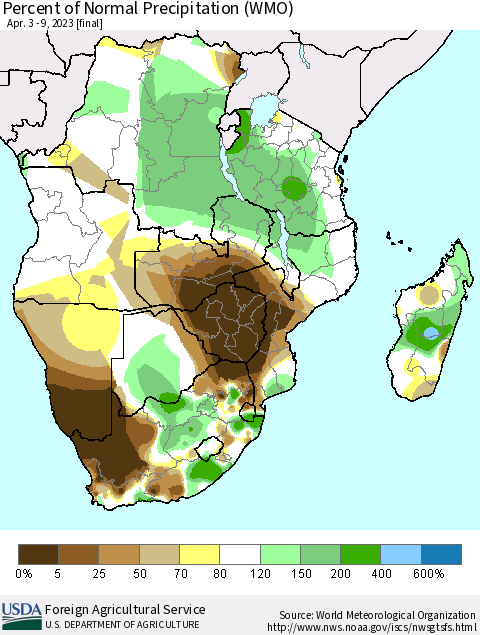 Southern Africa Percent of Normal Precipitation (WMO) Thematic Map For 4/3/2023 - 4/9/2023