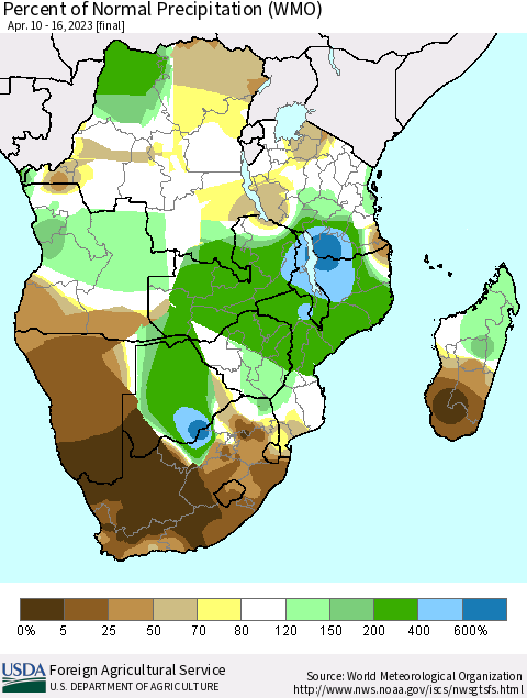 Southern Africa Percent of Normal Precipitation (WMO) Thematic Map For 4/10/2023 - 4/16/2023