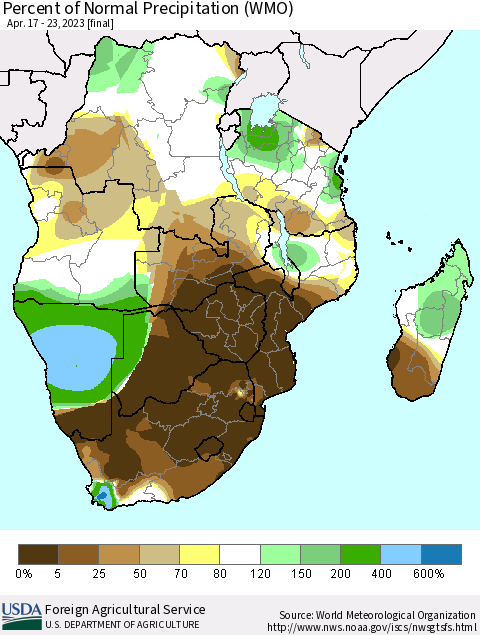 Southern Africa Percent of Normal Precipitation (WMO) Thematic Map For 4/17/2023 - 4/23/2023