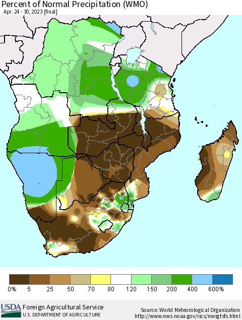 Southern Africa Percent of Normal Precipitation (WMO) Thematic Map For 4/24/2023 - 4/30/2023