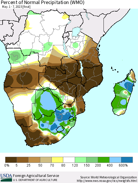 Southern Africa Percent of Normal Precipitation (WMO) Thematic Map For 5/1/2023 - 5/7/2023