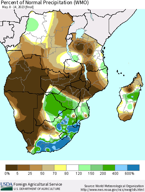 Southern Africa Percent of Normal Precipitation (WMO) Thematic Map For 5/8/2023 - 5/14/2023