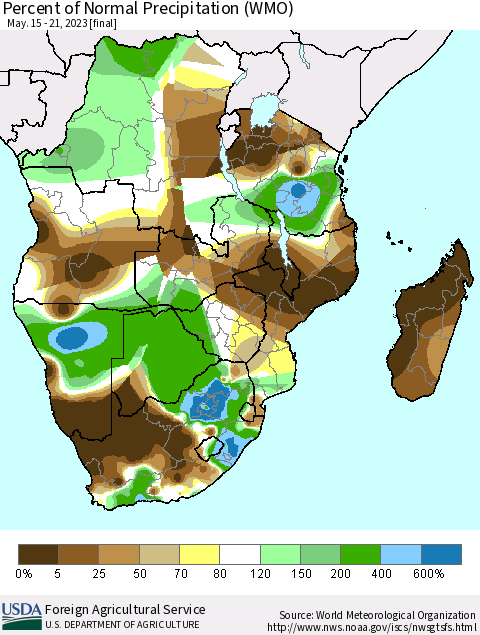 Southern Africa Percent of Normal Precipitation (WMO) Thematic Map For 5/15/2023 - 5/21/2023
