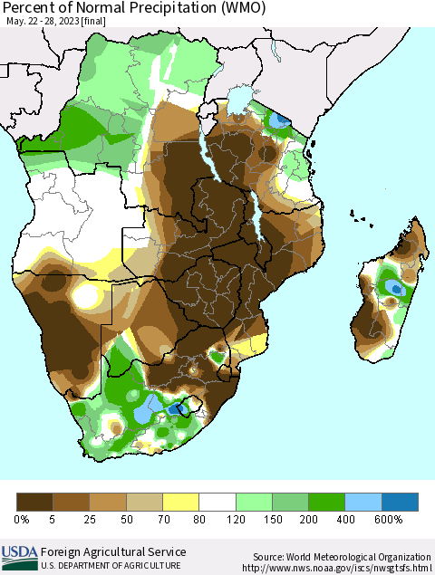 Southern Africa Percent of Normal Precipitation (WMO) Thematic Map For 5/22/2023 - 5/28/2023