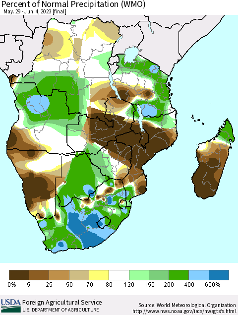 Southern Africa Percent of Normal Precipitation (WMO) Thematic Map For 5/29/2023 - 6/4/2023