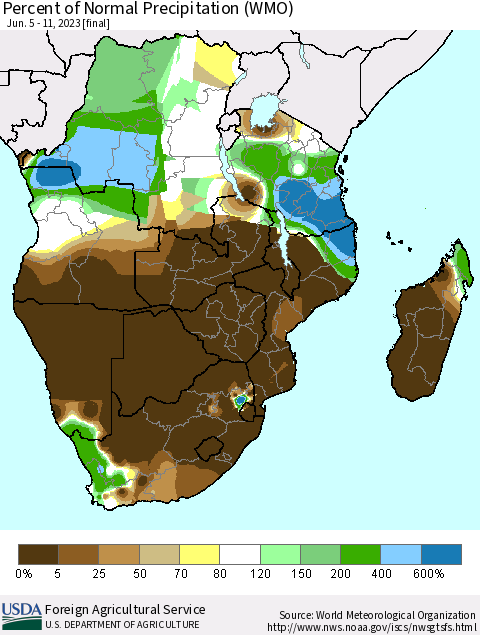 Southern Africa Percent of Normal Precipitation (WMO) Thematic Map For 6/5/2023 - 6/11/2023