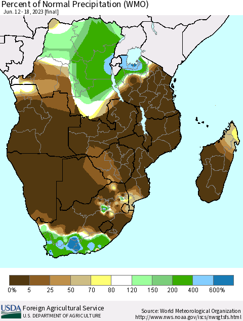 Southern Africa Percent of Normal Precipitation (WMO) Thematic Map For 6/12/2023 - 6/18/2023