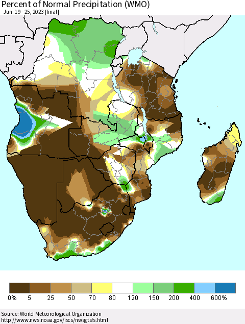 Southern Africa Percent of Normal Precipitation (WMO) Thematic Map For 6/19/2023 - 6/25/2023