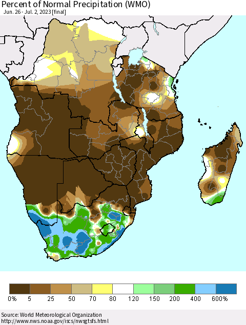 Southern Africa Percent of Normal Precipitation (WMO) Thematic Map For 6/26/2023 - 7/2/2023