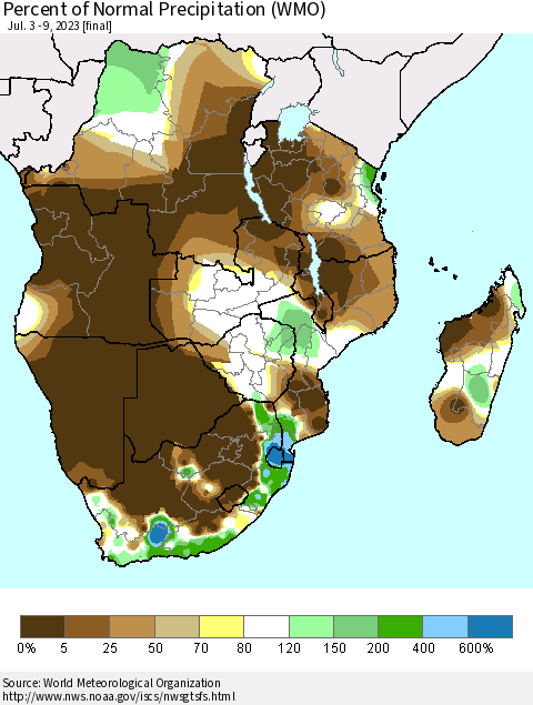 Southern Africa Percent of Normal Precipitation (WMO) Thematic Map For 7/3/2023 - 7/9/2023