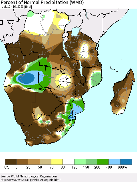 Southern Africa Percent of Normal Precipitation (WMO) Thematic Map For 7/10/2023 - 7/16/2023