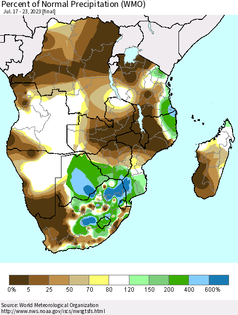 Southern Africa Percent of Normal Precipitation (WMO) Thematic Map For 7/17/2023 - 7/23/2023