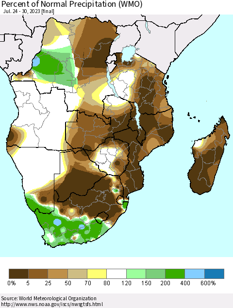 Southern Africa Percent of Normal Precipitation (WMO) Thematic Map For 7/24/2023 - 7/30/2023