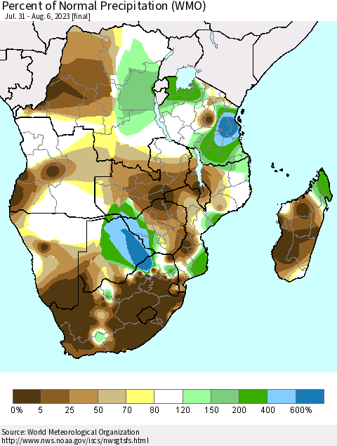 Southern Africa Percent of Normal Precipitation (WMO) Thematic Map For 7/31/2023 - 8/6/2023