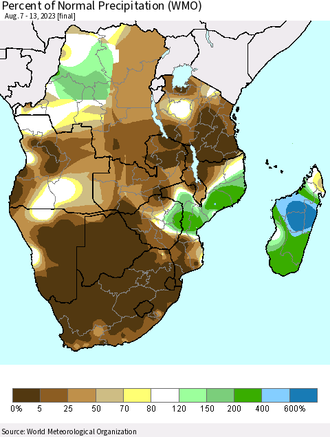Southern Africa Percent of Normal Precipitation (WMO) Thematic Map For 8/7/2023 - 8/13/2023
