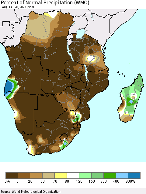 Southern Africa Percent of Normal Precipitation (WMO) Thematic Map For 8/14/2023 - 8/20/2023
