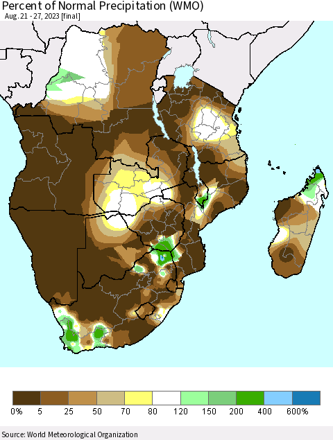 Southern Africa Percent of Normal Precipitation (WMO) Thematic Map For 8/21/2023 - 8/27/2023
