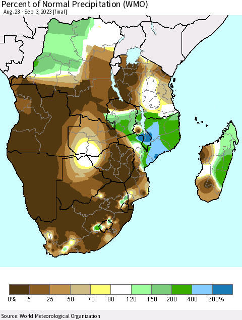 Southern Africa Percent of Normal Precipitation (WMO) Thematic Map For 8/28/2023 - 9/3/2023