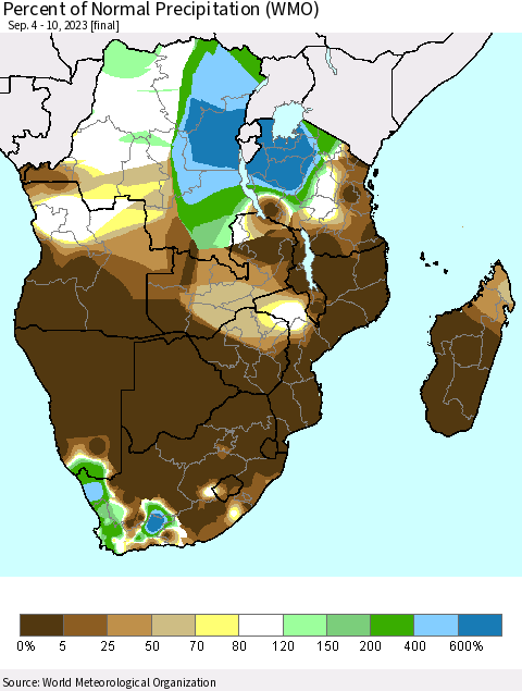 Southern Africa Percent of Normal Precipitation (WMO) Thematic Map For 9/4/2023 - 9/10/2023