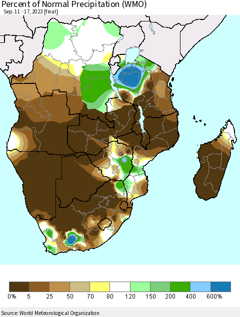 Southern Africa Percent of Normal Precipitation (WMO) Thematic Map For 9/11/2023 - 9/17/2023