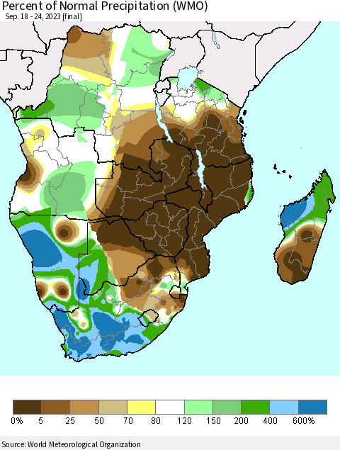 Southern Africa Percent of Normal Precipitation (WMO) Thematic Map For 9/18/2023 - 9/24/2023
