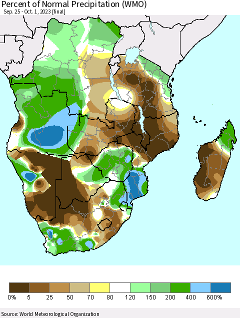 Southern Africa Percent of Normal Precipitation (WMO) Thematic Map For 9/25/2023 - 10/1/2023